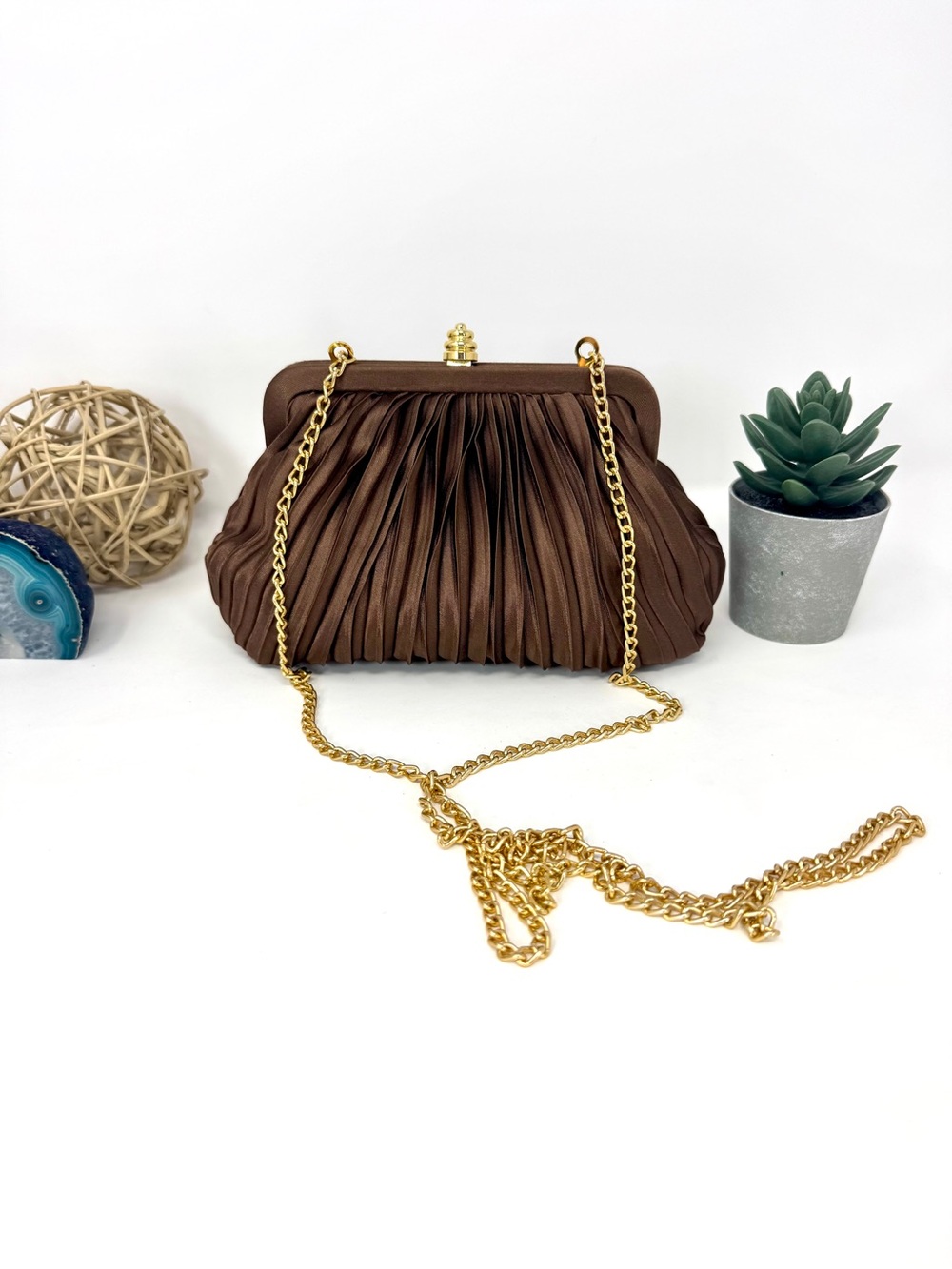 Vintage Sasha New York Brown Pleated Satin Evening Clutch